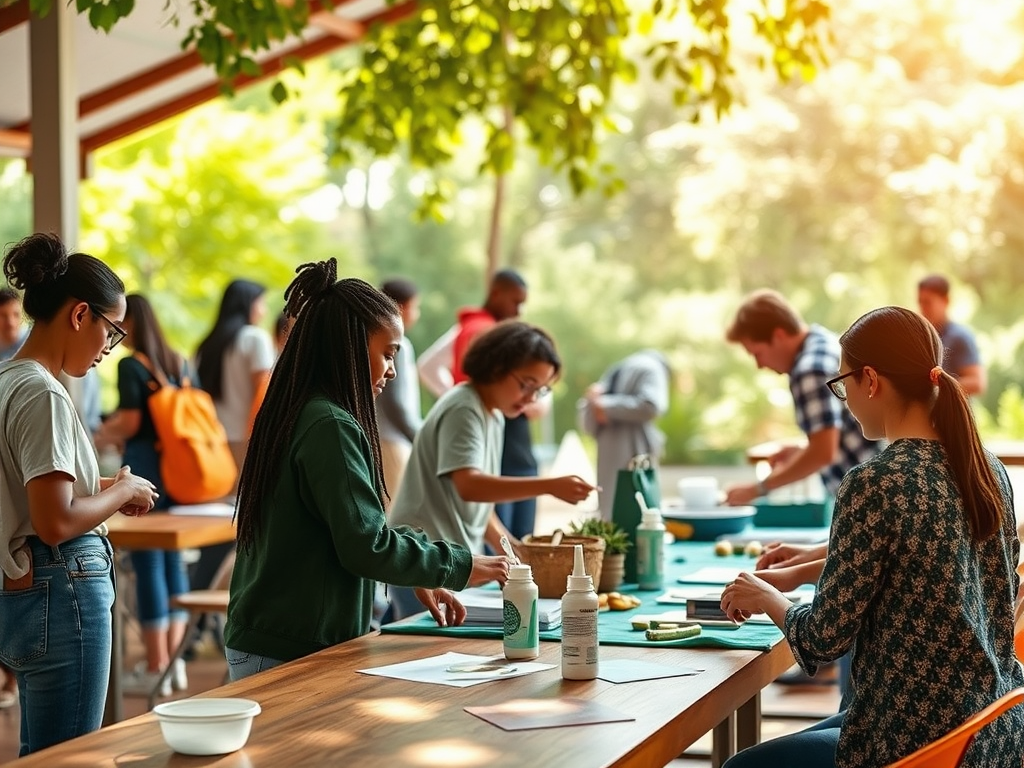 A group of people engaged in a crafting activity at a sunny outdoor workspace, surrounded by greenery.
