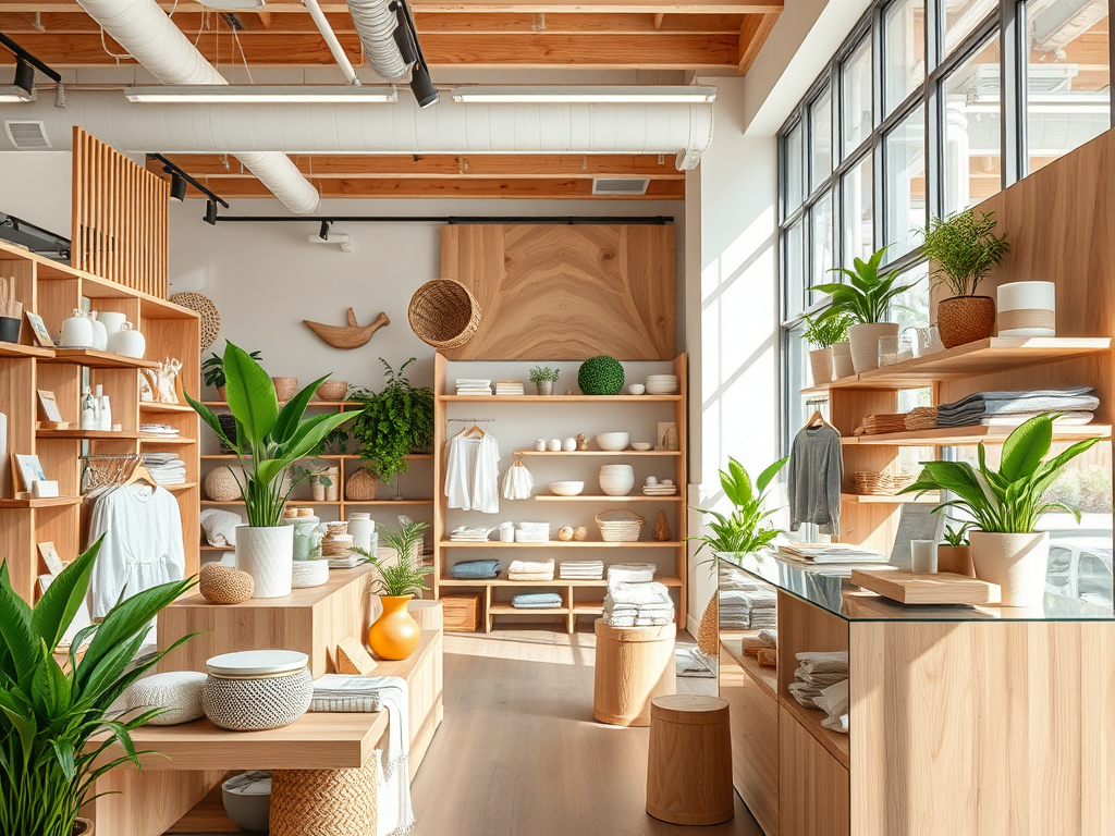 A modern, airy retail space featuring wooden shelves, plants, and neatly arranged textiles and home goods.