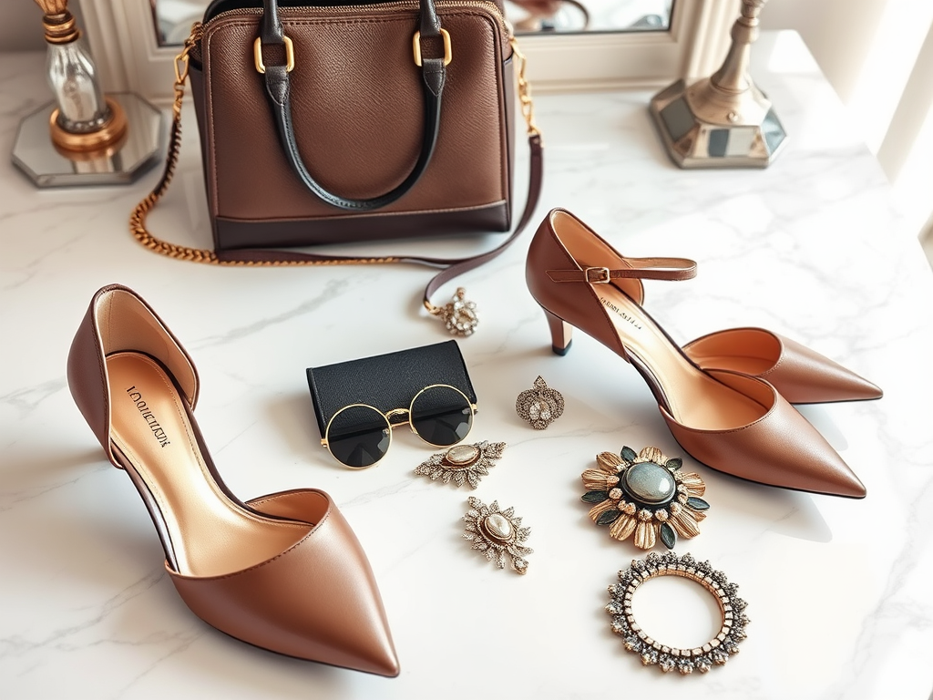 A flat lay of brown heels, a handbag, sunglasses, and various jewelry pieces on a marble surface.