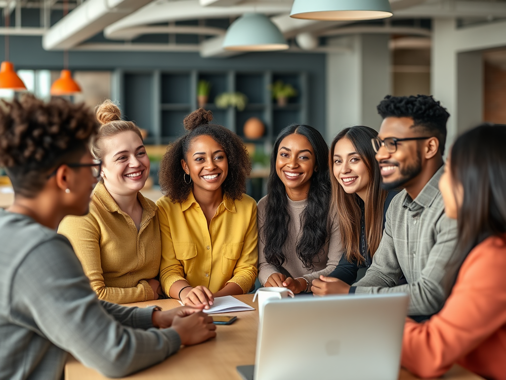 A diverse group of young adults smiles and enjoys a collaborative moment around a table with a laptop and notebooks.