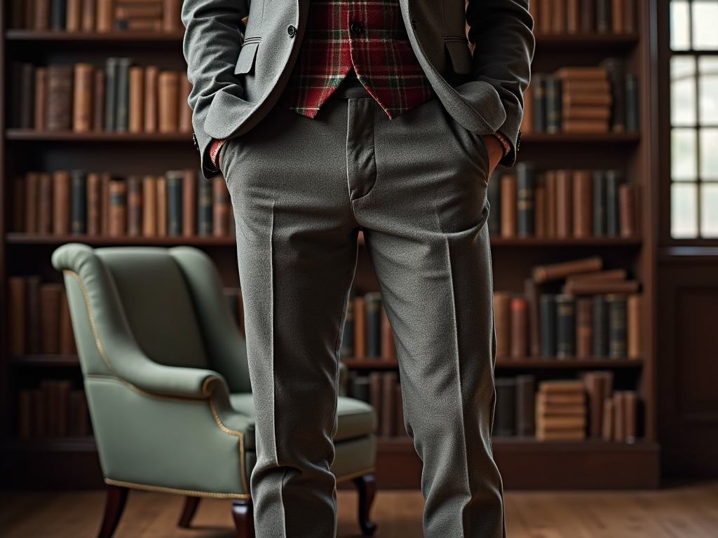 Man in a stylish suit standing with hands in pockets in a library with books and a green armchair.