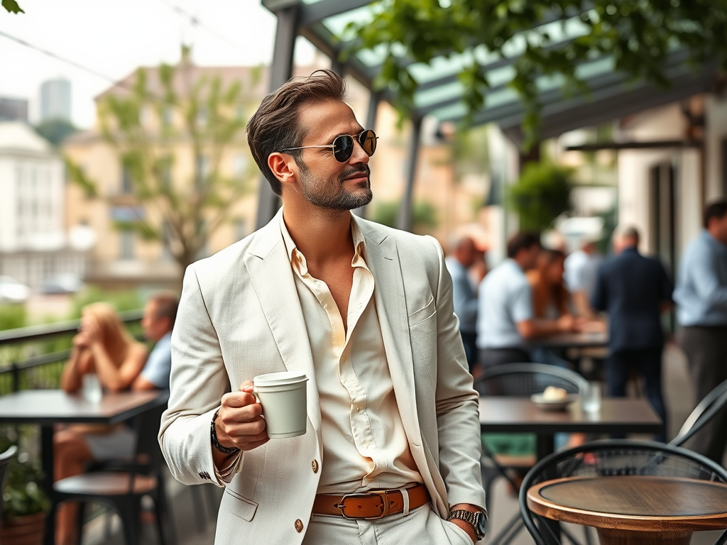 A stylish man in a light suit holds a coffee cup while standing at a café with people socializing in the background.