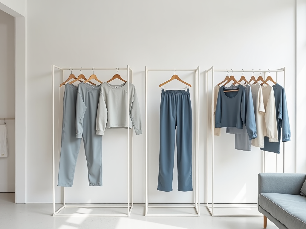 Three clothing racks with neutral-toned casual outfits in a bright, modern room with a blue sofa.